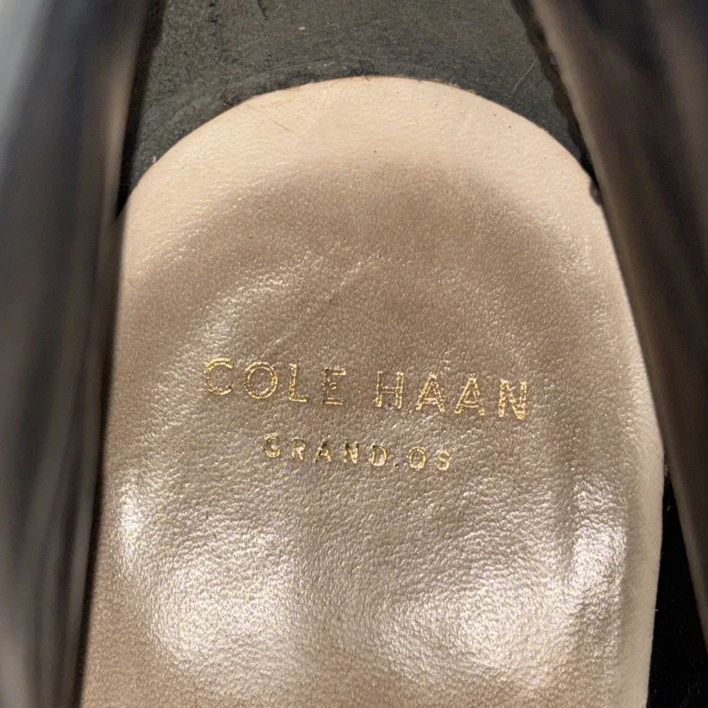 Cole Haan HAYDEN Grand.OS Black Leather Ankle Boots Block Heel Gold Accents W8.5